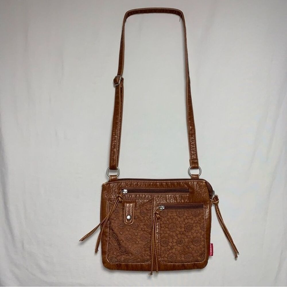 Crossbody Bag Faux Vegan Leather Brown Floral Natural Bohemian Gypsy Festival